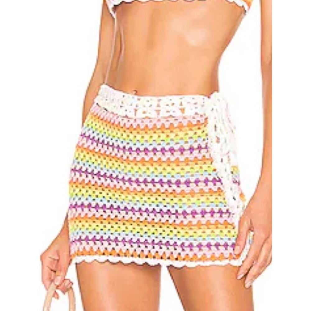 Lovers + Friends rainbow crochet mini‎ skirt XS festival